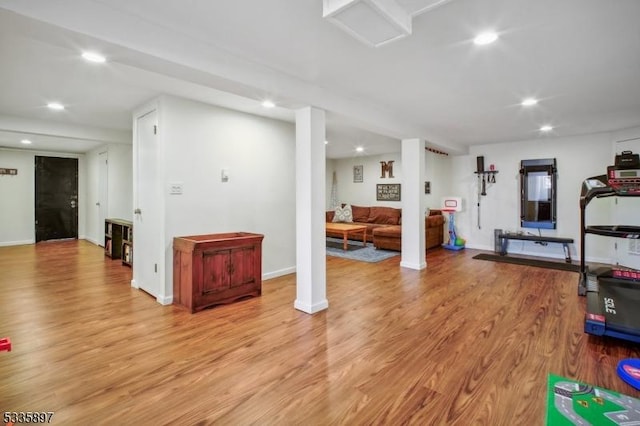 workout room featuring light hardwood / wood-style flooring