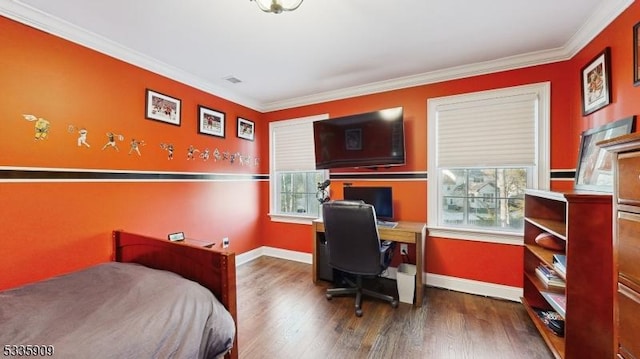 bedroom featuring ornamental molding and dark hardwood / wood-style floors