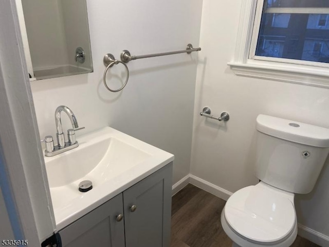 bathroom featuring vanity, wood-type flooring, and toilet