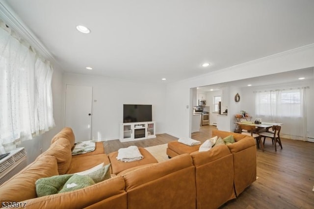 living area featuring light wood finished floors, crown molding, and recessed lighting