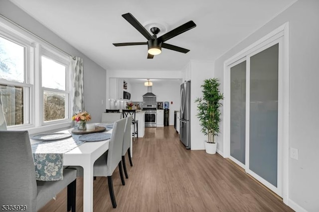 dining space featuring hardwood / wood-style floors and ceiling fan