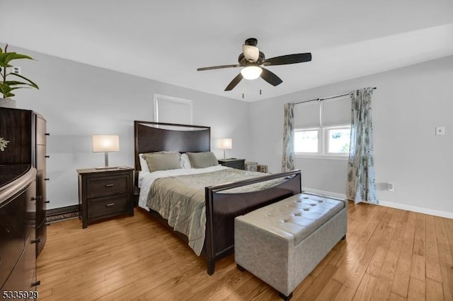 bedroom featuring ceiling fan and light hardwood / wood-style floors