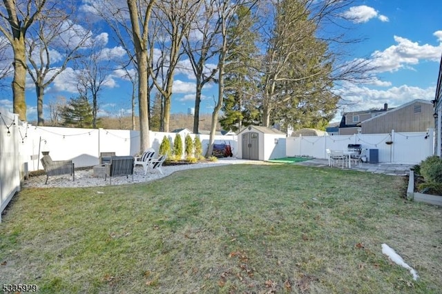 view of yard with a patio and a shed