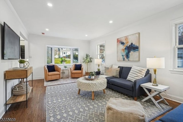 living room with ornamental molding and dark hardwood / wood-style flooring