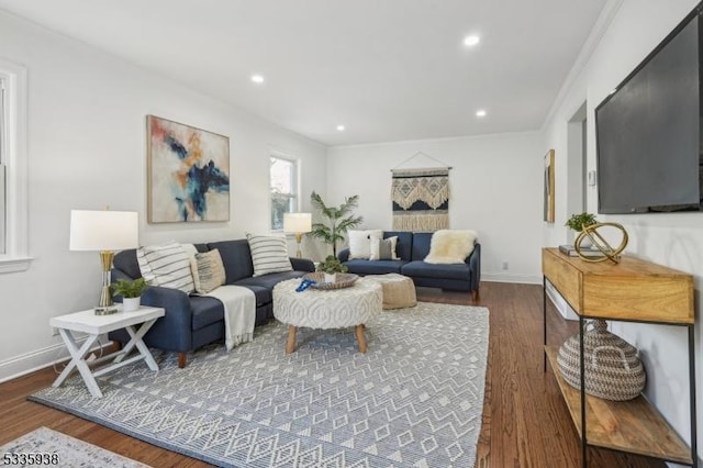 living room with dark hardwood / wood-style floors