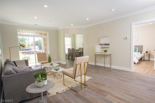 living room with crown molding and light wood-type flooring