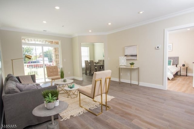 living room with ornamental molding and light hardwood / wood-style flooring