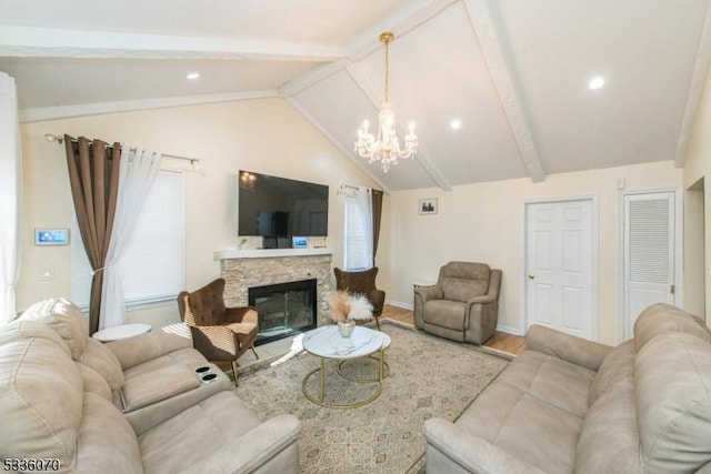 living room featuring a stone fireplace, wood-type flooring, lofted ceiling with beams, and a chandelier