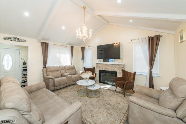 living room featuring a stone fireplace, vaulted ceiling with beams, and an inviting chandelier