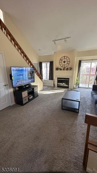 unfurnished living room featuring track lighting and carpet