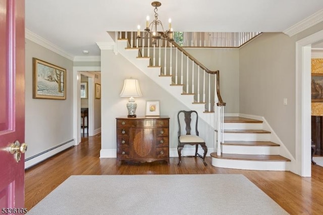 foyer with crown molding, a notable chandelier, dark hardwood / wood-style floors, and a baseboard heating unit