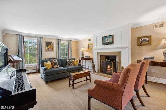 living room with crown molding, a baseboard radiator, and a premium fireplace