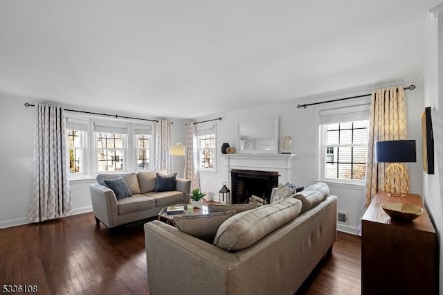 living room featuring dark wood-type flooring and plenty of natural light