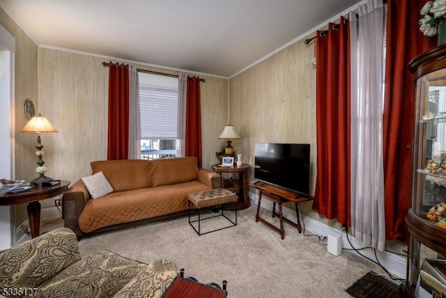 carpeted living room with crown molding