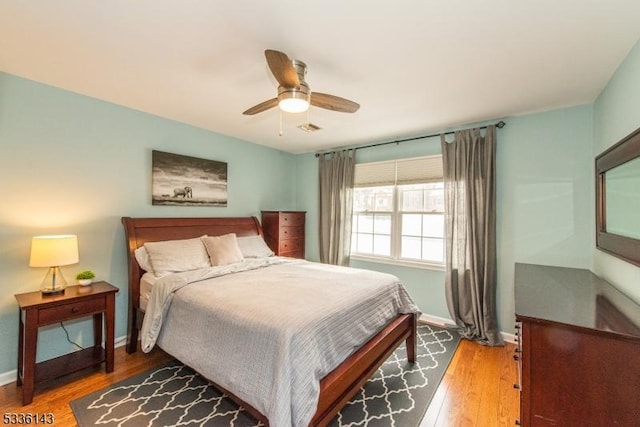 bedroom with hardwood / wood-style flooring and ceiling fan