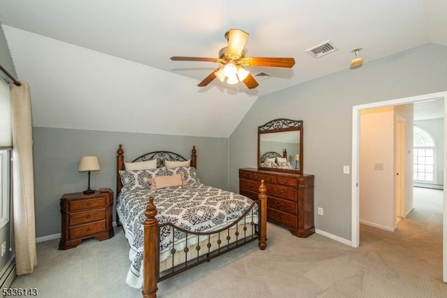 bedroom featuring lofted ceiling, light carpet, ceiling fan, and baseboard heating