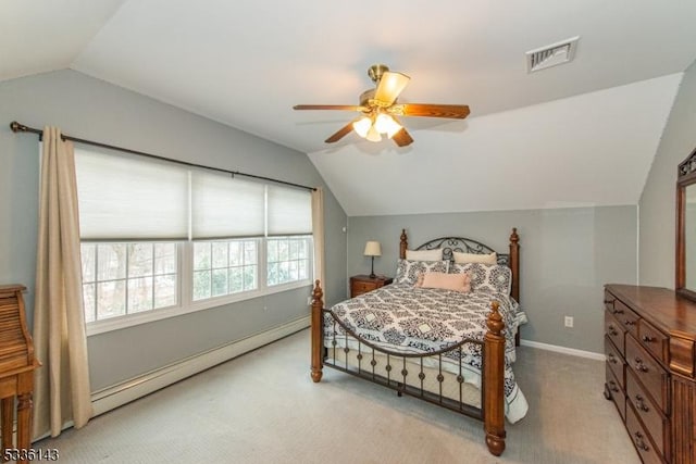 carpeted bedroom with a baseboard radiator, ceiling fan, and vaulted ceiling