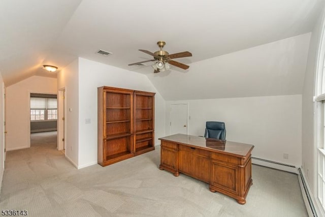 office space featuring ceiling fan, lofted ceiling, light carpet, and baseboard heating