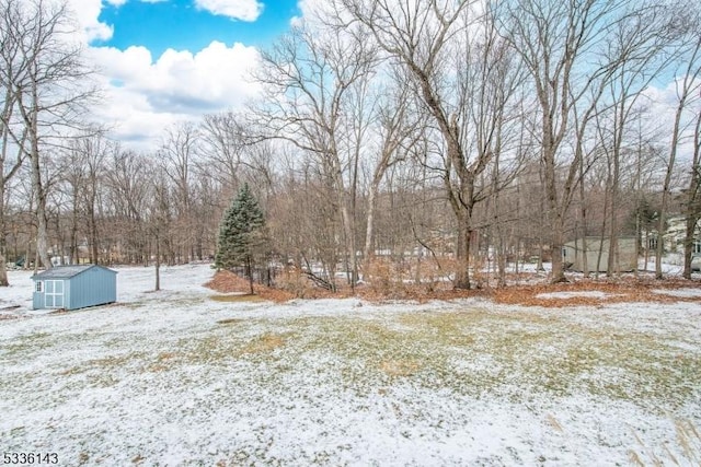 snowy yard with a shed