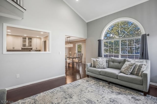 living room with ornamental molding, high vaulted ceiling, and dark hardwood / wood-style flooring