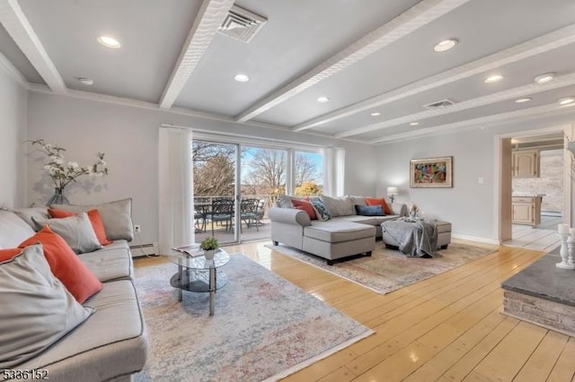 living room featuring beam ceiling, light hardwood / wood-style floors, and baseboard heating