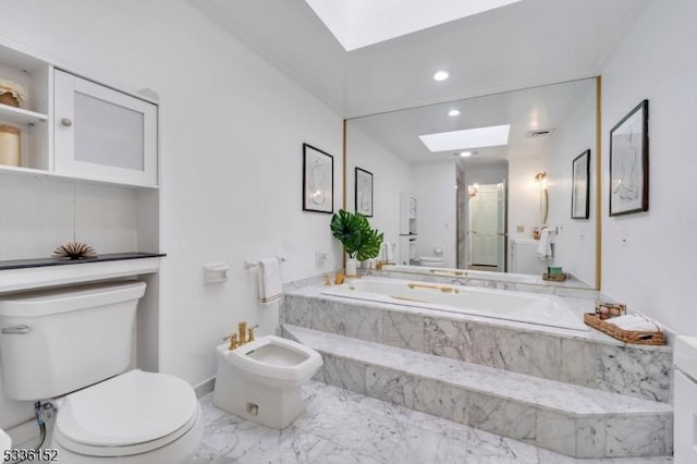 bathroom with toilet, a bidet, tiled bath, and a skylight