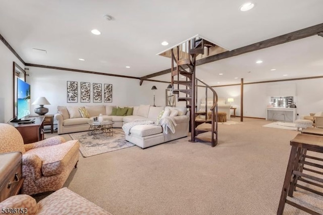 carpeted living room featuring crown molding