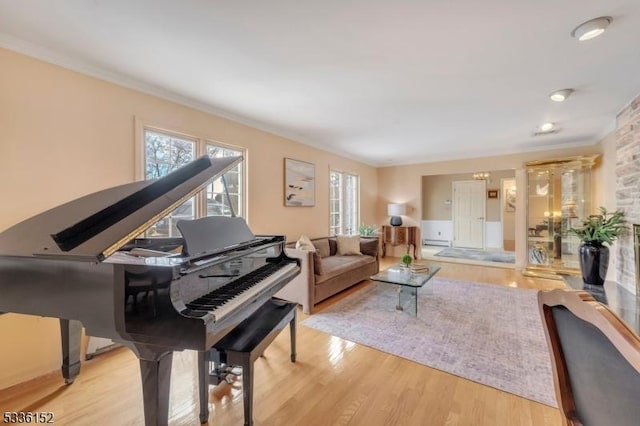 living room with crown molding and light wood-type flooring