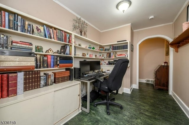 office with baseboards, visible vents, arched walkways, and ornamental molding