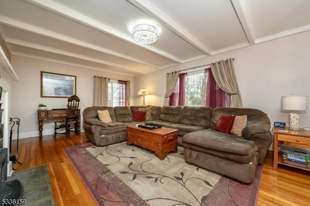 living room with beamed ceiling, a healthy amount of sunlight, baseboards, and wood finished floors