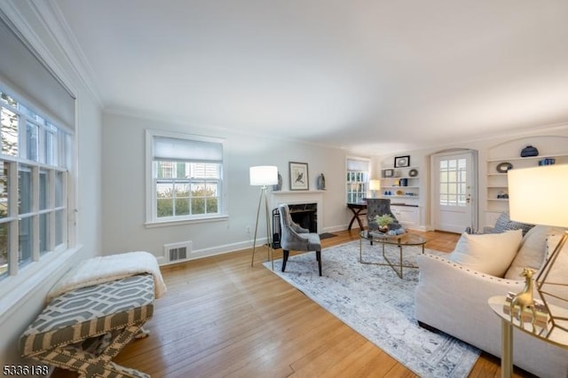 living room with ornamental molding, light hardwood / wood-style floors, and a healthy amount of sunlight