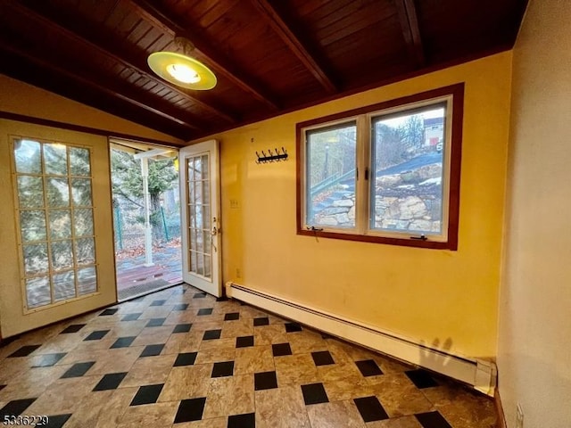 entryway with a baseboard radiator, lofted ceiling with beams, french doors, and wooden ceiling