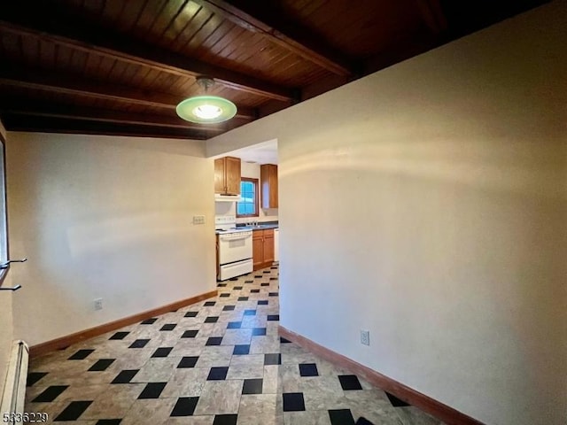 spare room featuring beamed ceiling and wooden ceiling