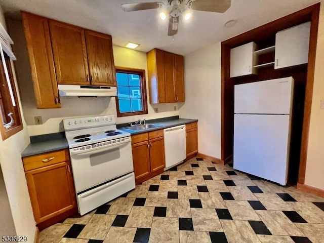 kitchen with ceiling fan, sink, and white appliances