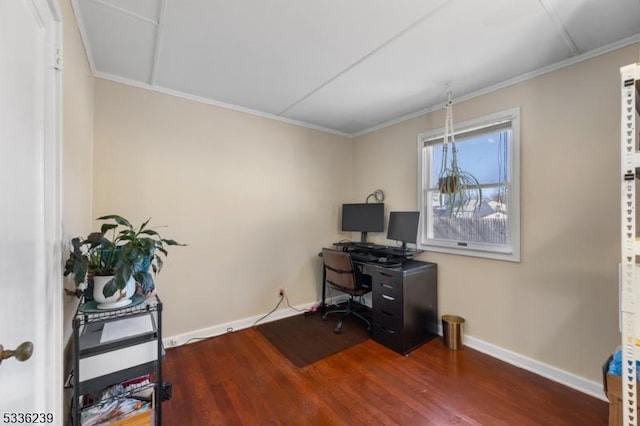 office area with crown molding, baseboards, and wood finished floors