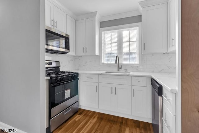 kitchen featuring sink, white cabinetry, tasteful backsplash, appliances with stainless steel finishes, and dark hardwood / wood-style flooring