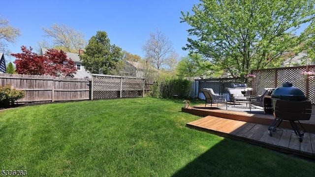 view of yard featuring a fenced backyard and a deck