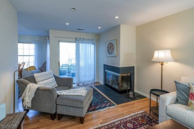 living room with dark hardwood / wood-style flooring and a multi sided fireplace