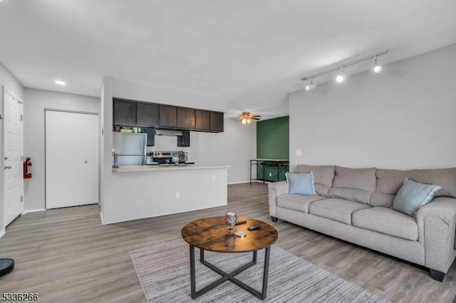 living room featuring ceiling fan, track lighting, and light hardwood / wood-style floors