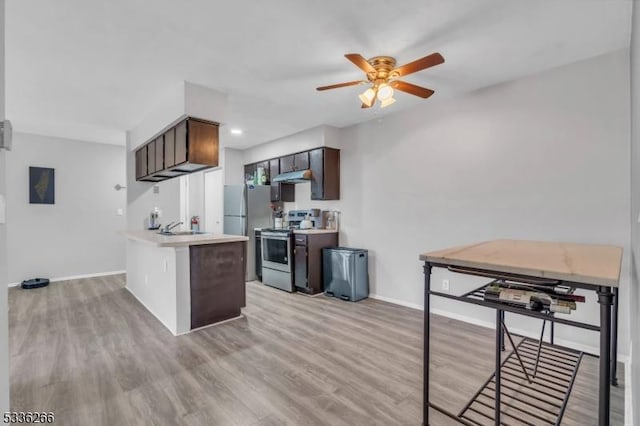 kitchen with dark brown cabinetry, stainless steel appliances, kitchen peninsula, and light hardwood / wood-style flooring