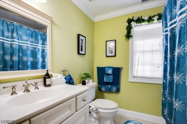 bathroom featuring toilet, tile patterned flooring, vanity, walk in shower, and crown molding