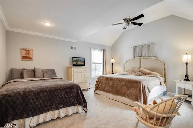 bedroom with vaulted ceiling, carpet, and crown molding