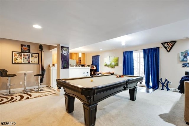 rec room with billiards and light colored carpet