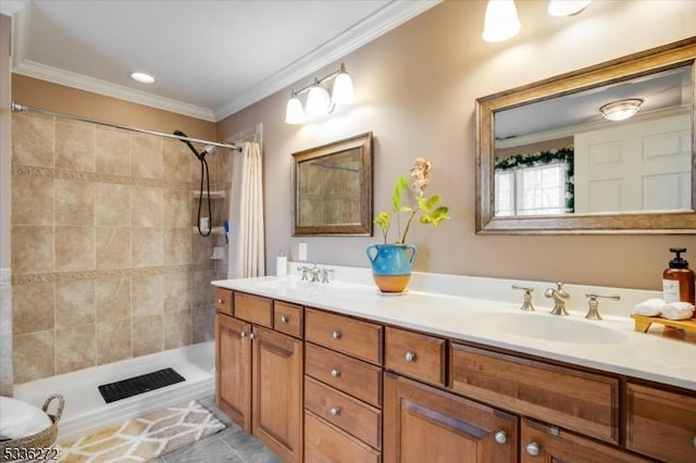 bathroom with walk in shower, ornamental molding, tile patterned flooring, and vanity