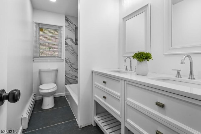 full bathroom featuring tub / shower combination, vanity, a baseboard radiator, tile patterned floors, and toilet