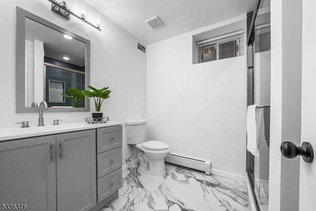 bathroom featuring vanity, a baseboard heating unit, walk in shower, and toilet