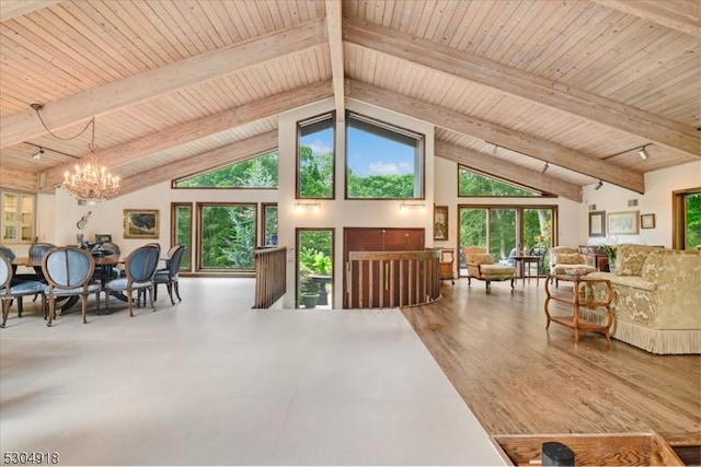 living room featuring a notable chandelier, high vaulted ceiling, wooden ceiling, and beamed ceiling