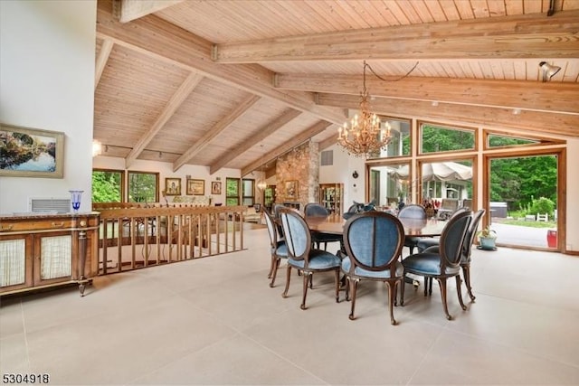 dining area featuring a notable chandelier, wood ceiling, beamed ceiling, and a healthy amount of sunlight