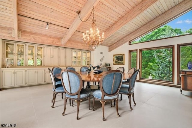 dining area featuring a notable chandelier, lofted ceiling with beams, and wooden ceiling