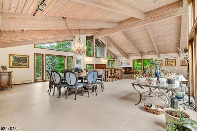 dining room with beam ceiling, wood ceiling, high vaulted ceiling, and a chandelier